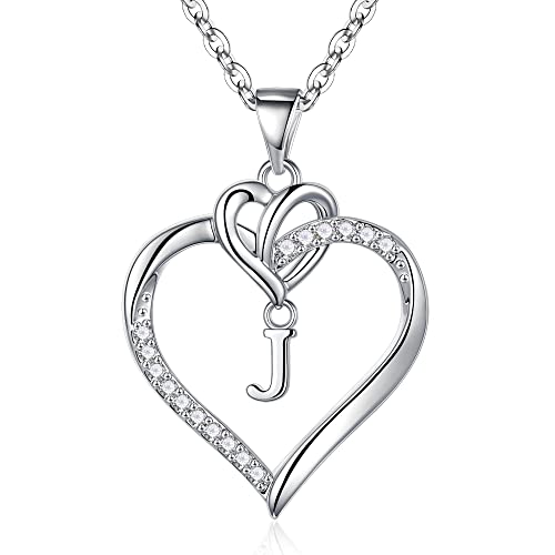 TINGN Halskette Damen Geschenke für Frauen, Silber Kette mit Buchstaben Herz Anhänger Kette für Damen Mädchen Intiale J Halskette Damen Buchstaben Kette Schmuck Damen Geschenke für Frauen Mädchen