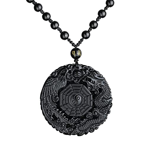 Tanduaji Obsidian Yin Yang Taichi Anhänger，Drache Und Phönix Amulett Anhänger für Frauen Männer