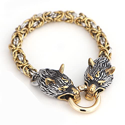 BBYOUTH Wikinger Armband für Herren, Edelstahl Wolfskopf Gold und Silber Königskette Talisman Schmuck mit Valknut Leder Beutel,Ring chain gold silver,19cm