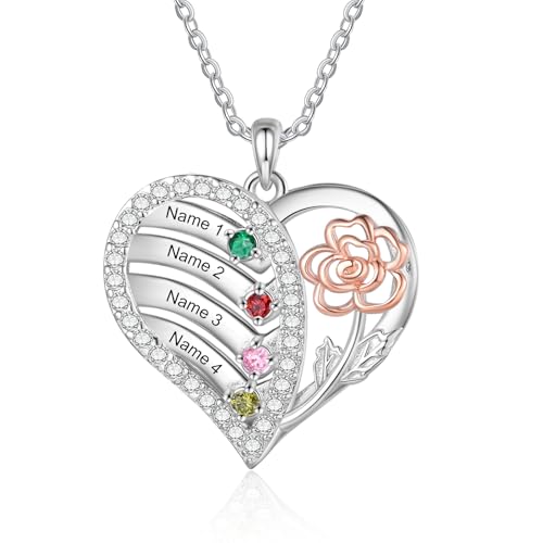 Grovjewfit Personalisierte Damen Halskette Mit Name, Herz Anhänger Kette Mit Geburtssteinen, Weihnachten Muttretag Als Geschenk Für Mama, Oma (4 stones)