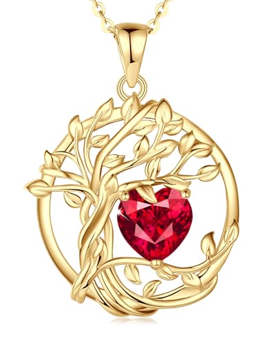 FANCIME Lebensbaum Rubin Kette für Damen Gelbgold Vergoldet Baum des Lebens Rubin Anhänger Halskette Schmuck Geschenke für Damen Frauen Mädchen, Kettenlänge: 40+5 cm