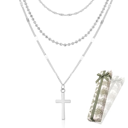 KSJEHW 3 Stück Silber Kette mit Kreuz Anhänger Kette Christentum Schmuck Herren