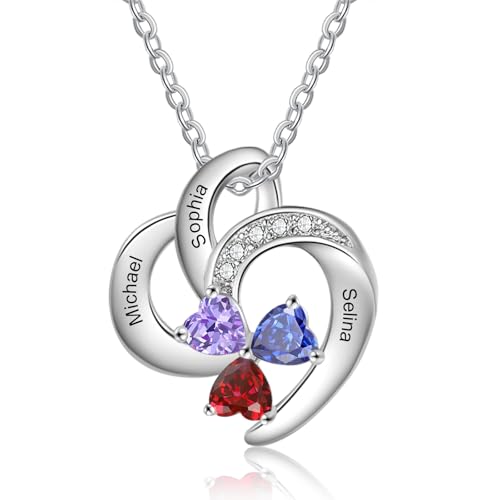 Personalisierte Halskette mit Name Geburtsstein Herzanhänger Silber Kette für Damen Geschenk für Muttertag Weihnachten Valentinstag (3 name)