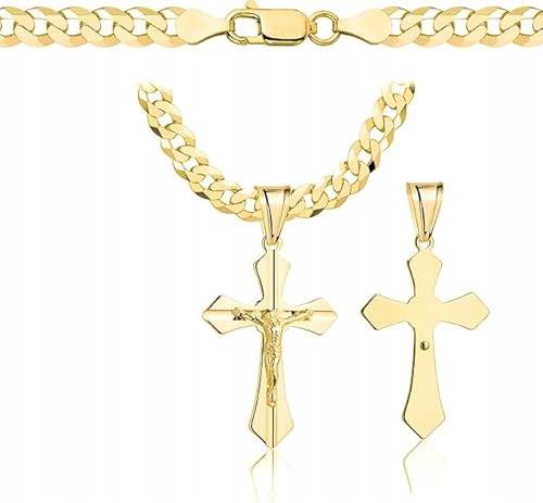 Amor Luxury goldkette herren mit kreuz 585, Kette Herren 925/585 - kreuz kette herren gold 585 massiv - 5 mm, Kreuz Kette 55 cm - Goldkette Kreuzkette - Halskette Herren Panzerung