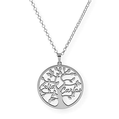 Halskette 925 Sterling Silber - Lebensbaum-Anhänger mit Namen in Sterlingsilber (2 Namen, versilbert) - Hypoallergene Materialien - Damen Halskette 925 Sterling Silber