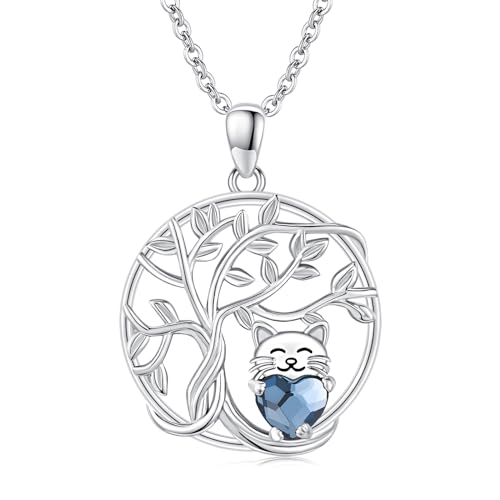 CHENGHONG Katze Kette Damen 925 Sterling Silber Katzen Lebensbaum Anhänger Halskette mit Blauer Kristall Katze Schmuck Geschenke für Fraue Mädchen…