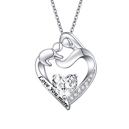 925 Sterling Silber Mutter und Kind Anhänger Mit Nachricht Love You More Herzkette aus Zirkonia-Herz für Damen Mutter Tochter, Verstellbare Silberkette 18 + 2 Zoll New Mum Geschenke (Love You More)