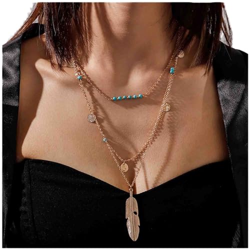 Cimenexe Bohemian Layered Türkis Perlenkette Disc Coin Dangle Halskette Choker Goldfeder Anhänger Halskette Kette Lange Halsketten Kettenschmuck für Frauen und Mädchen