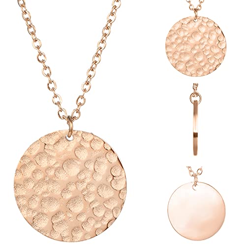 BONNYBIRD® Platten Kette Rosegold Damen - Halskette mit Platte Rosegold, Coin Kette mit Plättchen Anhänger Gehämmert, Rosegold Kette Damen Edelstahl