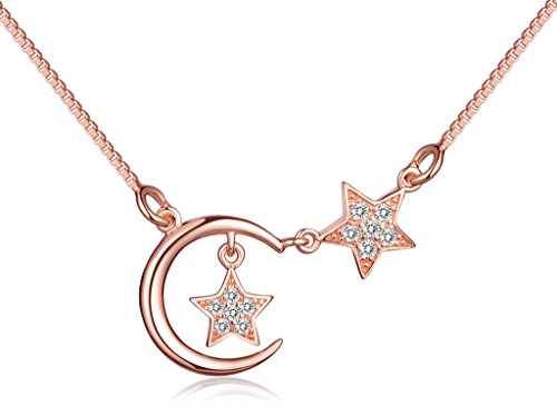 Yumilok Roségold 925 Sterling Silber Zirkonia Mond Sterne Anhänger Halskette Kette mit Anhänger für Damen Mädchen Kinder