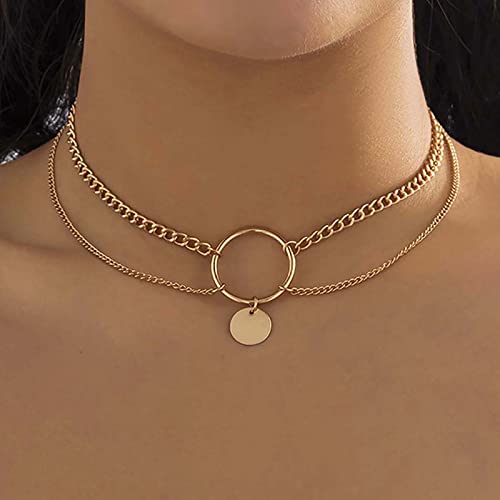 TseenYi Offener Kreis Anhänger Choker Geschichtet Scheiben Anhänger Choker Punk Großer Kreis Anhänger Halskette Gold Klobige Kette Choker Halskette Schmuck Für Frauen Und Mädchen