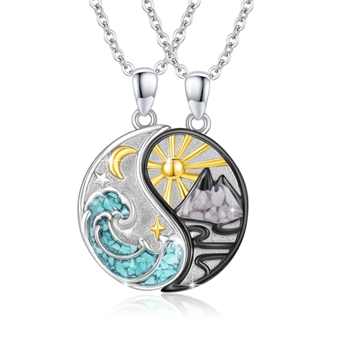 REDSUN Yin Yang Halskette 925 Sterling Silber Berg Sonne Anhänger Halskette für Paar BFF Kette 2ps Freundschaftskette Schmuck Geschenke für Damen Herren Couple Tochter （Türkis2）