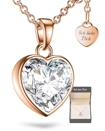 Herzkette Halskette Damen Rosegold (Silber 925 vergoldet) Kette mit Zirkonia Herz-Anhänger Ich liebe Dich (45-50cm) Schmuck Geschenke für Frauen Sie Freundin mit Gravur zum Jahrestag Liebesgeschenk