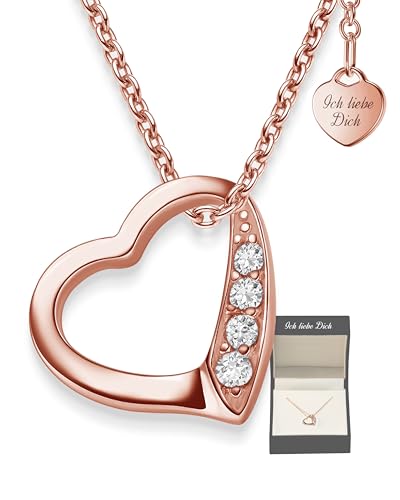 Herzkette Halskette Damen Rosegold (Silber 925 vergoldet) Kette mit Herz-Anhänger Ich liebe Dich mit Zirkonia-Steinen Schmuck Geschenke für Frauen Sie Freundin mit Gravur zum Jahrestag Liebesgeschenk