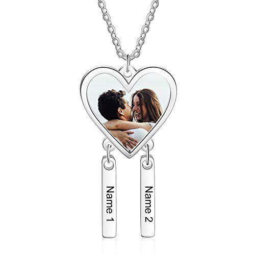 Personalisierte Foto Halskette Silber Kette mit 1 bis 5 Text- und Herzfoto Gravierter Anhänger für Mutter Tochter-Geschenk für Muttertag Valentinstag Weihnachten (2 Name)