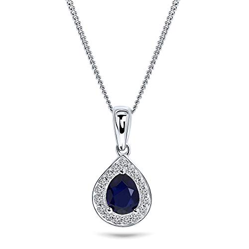 Miore 0.06 Ct Diamant Halskette Damen mit Tropfen Kettenanhänger Edelstein/Geburtsstein blauer Saphir 0.43 Ct und Diamanten Brillanten kette aus Weißgold 9 Karat / 375 Gold