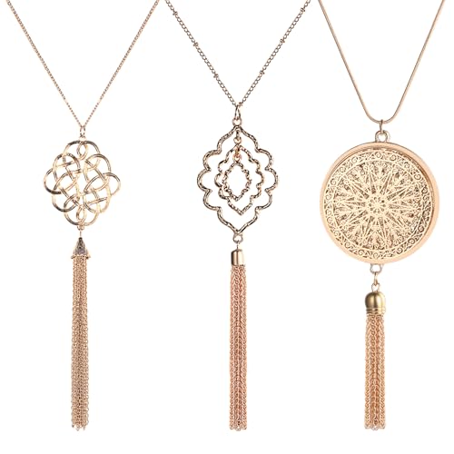 JewelryWe 3er Set Lange Halsketten für Damen: Mode Anhänger Kette Lange Pullover Halsketten Set Golden Keltische Knoten Blume Runde Kreis Quaste Y-Halskette Schmuck-Set Statement Halskette