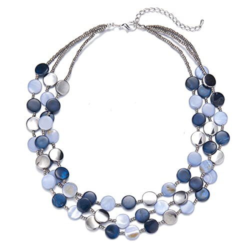 FULU AUTUMN Damen Statement Kette mit Steine Perlen Boho Silber Mehrreihige Kette Modeschmuck Die Besten Geschenke für Mütter(30-Blue)