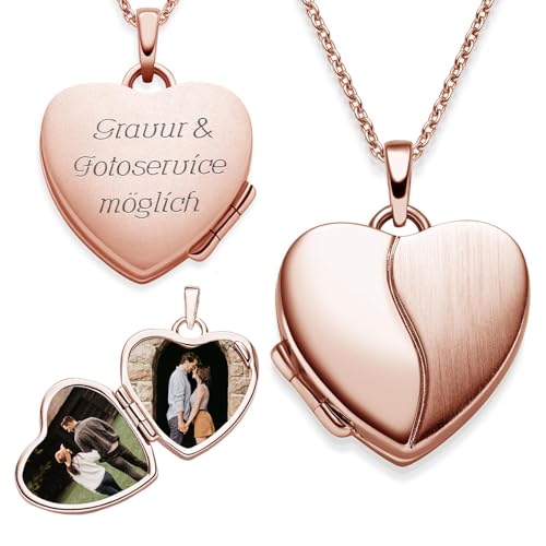 Herz Medaillon zum Öffnen für Bilder Rosegold | Kette Damen Medallion mit Bild | Foto Amulett Anhänger Herzmedallion| Halskette Herzkette mit Gravur