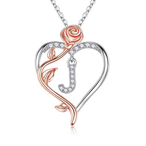 Parima Herz Buchstaben Halskette Damen, Rose Kette mit Buchstaben J Herzanhänger 925 Stering Silber Ketten Modeschmuck Jahrestag Valentinstag Weihnachten Ostern Geschenke für Mama Frauen Freundin