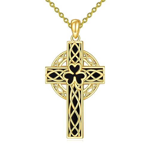 YAFEINI Vergoldete Kreuz Kette für Damen und Mädchen Sterling Silber schwarzer Onyx Irischer Keltischer Hexenknoten Kleeblatt Kreuz Anhänger Halskette Schmuck Geschenke