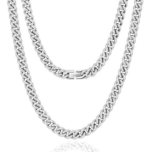 KRKC&CO 9mm Kette Männer, Panzerkette Herren Edelstahl, Silbrig Cuban Link Chains Silberkette Halskette, Geburtstag Weihnachten Geschenke für Männer Jungs, [Länge 50,8cm]