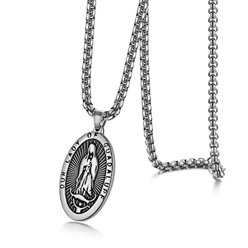 JewelryWe Schmuck Retro Herren Halskette Edelstahl Heilig Jungfrau Maria Kreuz Religiöse Oval Medaille Anhänger mit 22 Zoll Kette Silber