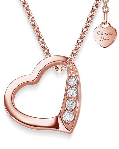 Herzkette Halskette Damen Rosegold (Silber 925 vergoldet) Kette mit Herz-Anhänger Ich liebe Dich mit Zirkonia-Steinen Schmuck Geschenke für Frauen Sie Freundin mit Gravur zum Jahrestag Liebesgeschenk