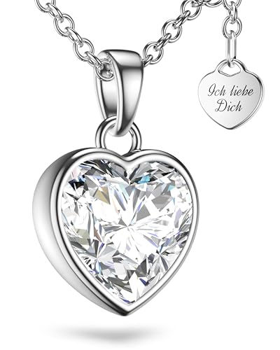 Herzkette Silber 925 Damen Halskette Kette mit Herz-Anhänger Ich liebe Dich (45-50cm) Silberkette mit Zirkonia-Herz Schmuck Geschenke für Frauen Sie Freundin mit Gravur zum Jahrestag Liebesgeschenk