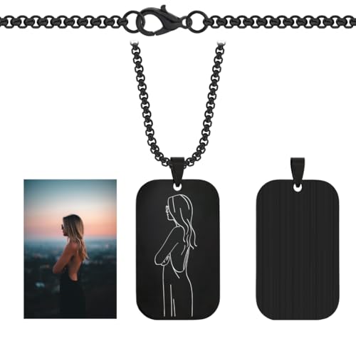 Dog Tag personalisierte Foto, Fotoanhänger Kette mit Gravur – Herren und Damen – Halsanhänger schwarze Halsketten mit Lasergravur, Edelstahl, 25x42 mm, 60 cm Geschenkidee Papa, Partner oder Freunde