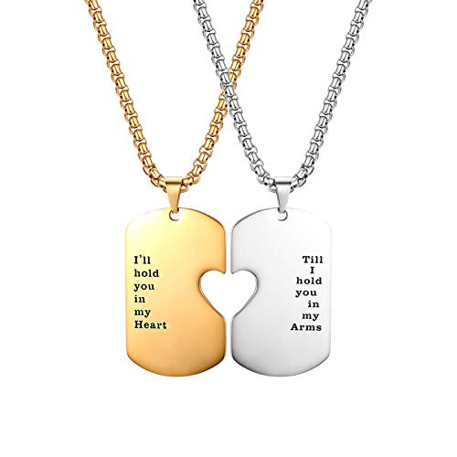 JewelryWe Valentinstag Schmuck Paare Halskette, Edelstahl Herz Dog Tag Partner-Anhänger Partneketten mit Gravur I'll hold You in My Heart Till I hold You in My arms Pärchen Kette Gold Silber