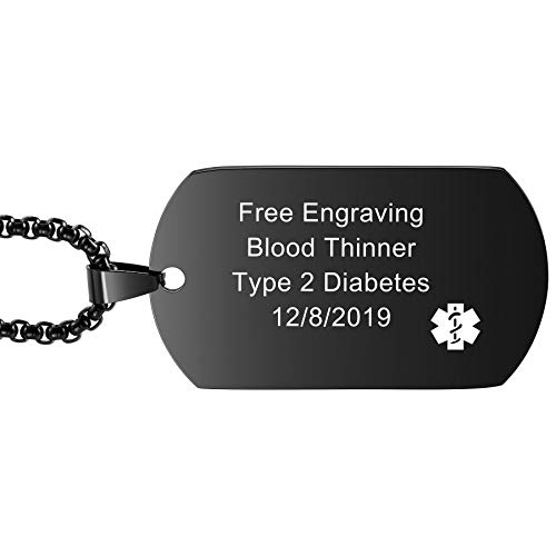 MOWOM Medical Warnen Dog Tag Anhänger Halskette Gravur Name Datum ID Edelstahl - Bundle mit Notfallkarte, Hülse, 20 Zoll Kette für Frauen, 24 Zoll Kette für Männer, Schalldämpfer(Schwarz Farbe)