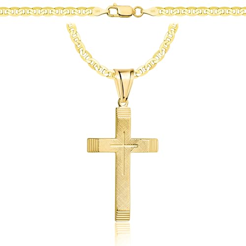 AMAR PRAGNA Gold Damen/Herren Kette mit einem 925/585 Kreuz, original geflochten, Breite 3,8 mm, Goldkette- Halskette Herren Damen Schmuck Königskette 50 cm