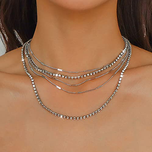 TseenYi Silberne Lagen-Halskette Boho Kristall Strass Halskette Mehrlagige Kette Choker Halskette Glanz Cz Halskette Kettenschmuck Für Frauen Und Mädchen Geschenke