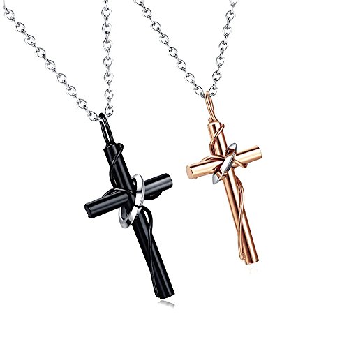 KIM JOHANSON® Edelstahl Pärchen Halsketten *Cross* in Silber, Roségold & Schwarz | Schmuck mit Kreuz & Ring | Paar Ketten | Geschenk für Paare | Wasserfest | BFF | Verstellbar inkl. Schmuckbeutel