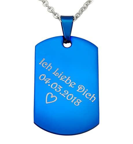 Hanessa Personalisierte Kette mit Gravur Edelstahl 50 cm mit Anhänger Dog Tag Erkennungsmarke in silber blau - Personalisierte Halskette für Männer und Frauen - Personalisierter Schmuck Damen Herren