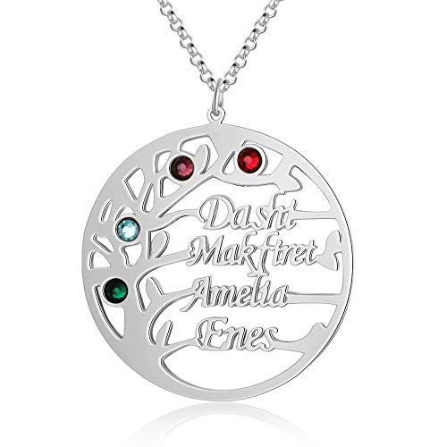 Namenskette Baum Personalisierte Lebensbaum Kette mit Gravur 4 Namen und Geburtsstein Stammbaum Runde Anhänger für Mutter Familie Oma 925 Sterling Silber Rose Gold Weihnachten Schmuck