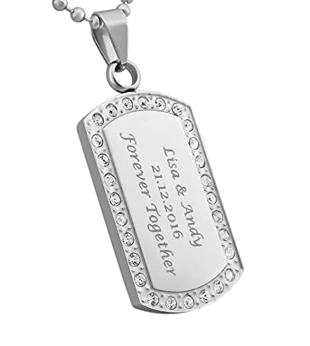 Hanessa Personalisierte Kette mit Gravur Edelstahl 50 cm mit Anhänger Dog Tag mit Strass-Stein in silber - Personalisierte Halskette für Frauen - Personalisierter Schmuck Damen Kettenanhänger