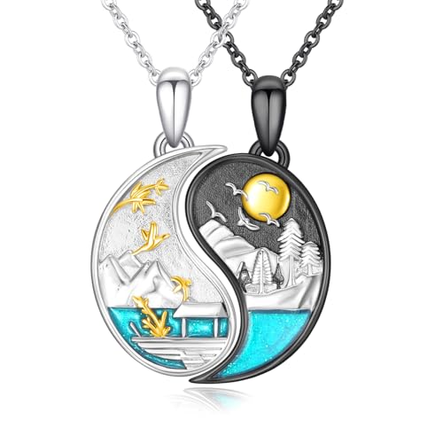 JFASHOP Yin Yang Halskette 925 Sterling Silber Taichi Paar BFF Kette Berg Sonne Anhänger Halskette 2 Stück Yin Yang Kette Schmuck Geschenke für Damen Herren Couple