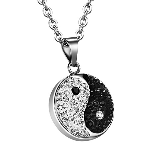 OIDEA Damen Edelstahl Anhänger mit Halskette, Tai Chi Yin und Yang Strass Anhänger mit 55 Kette, Weiß Schwarz