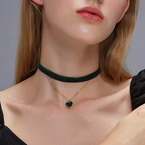 Yienate Geschichtete Liebe Halskette Kette Herz Strass Anhänger Samt Choker Halskette für Frauen und Mädchen (Grün)