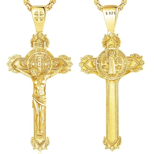 CELESTIA Kreuz Kette Herren Kreuzkette Gold Damen Benedikt Kreuz Halskette 925 Silber Kruzifix Kette Vergoldet Silber Kette mit Kreuz Jesus Kreuz Kette Christliche Geschenke