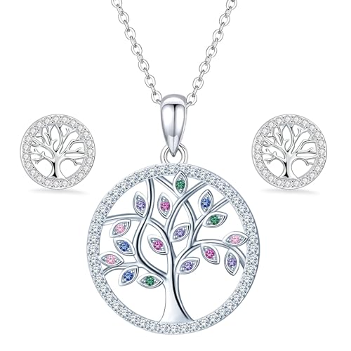 Lebensbaum Anhänger Set,Baum des Lebens Kette und Baum des Lebens Ohrringe,925 Sterling Silber Lebensbaum Kette,Kette mit Lebensbaum,Damen Halskette Geschenke für Frauen,Exquisite Geschenkbox