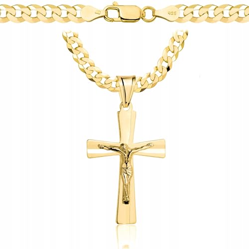 AMAR PRAGNA goldkette herren mit kreuz 585, Kette Herren 925/585 - kreuz kette herren gold 585 massiv - 5 mm, Kreuz Kette 60 cm - Goldkette Kreuzkette - panzerkette gold 585