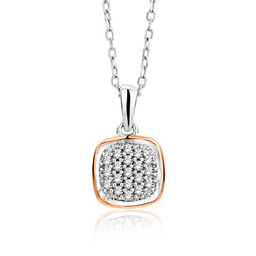 Miore Schmuck Damen 0.10 Ct Diamant Halskette mit Bicolor Kettenanhänger Viereck und 19 Diamanten Brillanten Kette aus Weißgold 9 Karat / 375 Gold