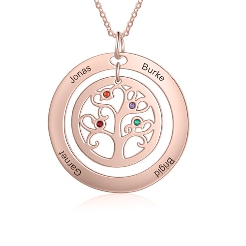 LONAGO Personalisierte Lebensbaum Halskette 925 Sterling Silber Graviert Vier Namen Anhänger Halskette für Damen (Roségold)