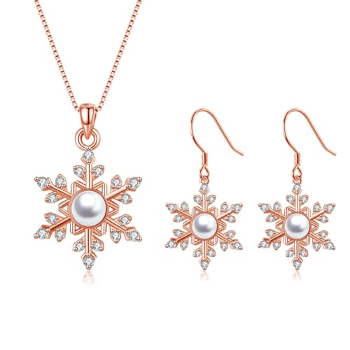 Deyanse Weihnachten Schmuck Set für Damen, 925 Sterling Silber Schneeflocke Schmuckset mit Weiß Perle Zirkonia, Rosegold Halskette & Haken Ohrringe, Hypoallergen 45+5cm Anhänger Silberkette Ohrringe