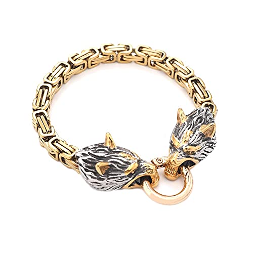 DFWY Herren Edelstahl Königskette Wikinger Wolfskopf Armband, Viking Odin Fenrir Tier Totem Armband, Nordische Mythologie Gothic Celtic Pagan Armreif Schutz Schmuck (Color : Gold, Size : 21CM)