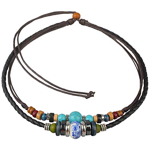 Ancient Tribe Choker-Halskette, verstellbar, Hanfleder, türkisfarbene Perlen, 1 Count (Pack of 1), Leder Holz Leder Holz Hanfschnüre, Kein Stein