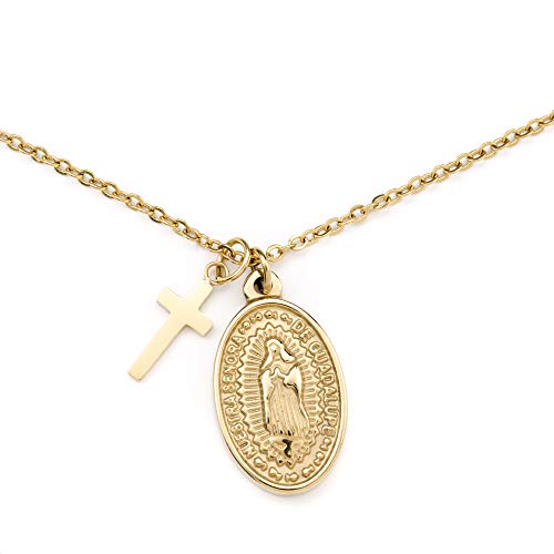 Heideman Halskette Alterum Damen - aus hochwertigem Edelstahl - gold silber rosegold farbend - Kette mit Madonna und Kreuz Anhänger für Frauen - 45cm lang mit Verlängerungskettchen